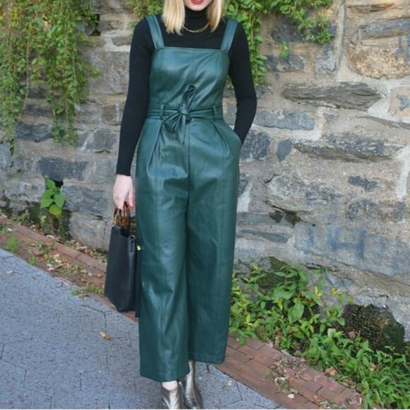 Anthropologie Pants - Anthropologie Green Faux Leather Samira Cropped Jumpsuit Sz.2